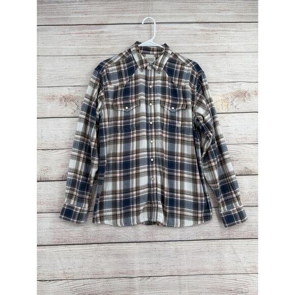 Ariat Retro Fit Pearl Snap Western Shirt Mens Large Blue White Rust Plaid - Picture 1 of 9